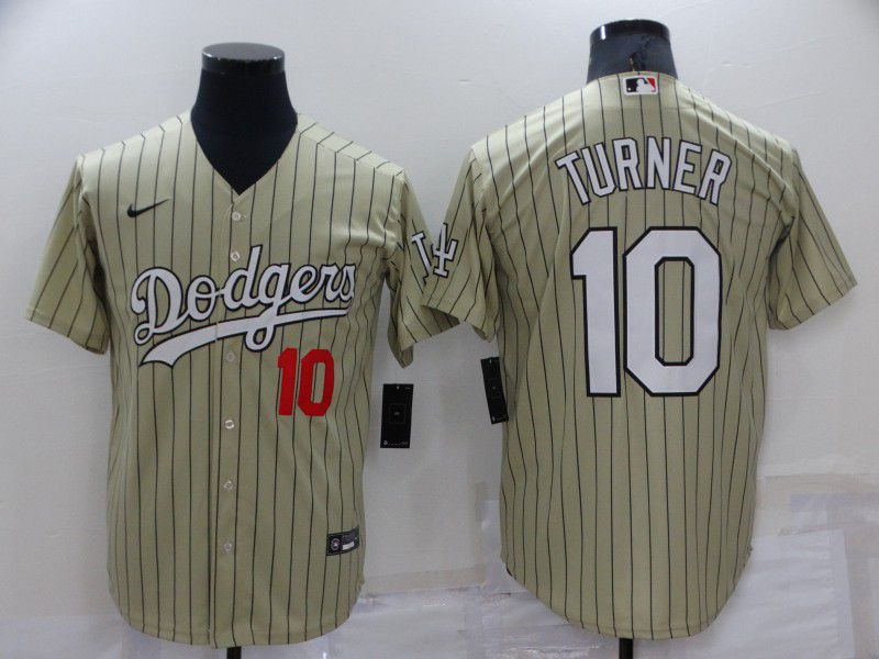 Men Los Angeles Dodgers 10 Turner Cream Stripe Throwback Nike 2022 MLB Jerseys